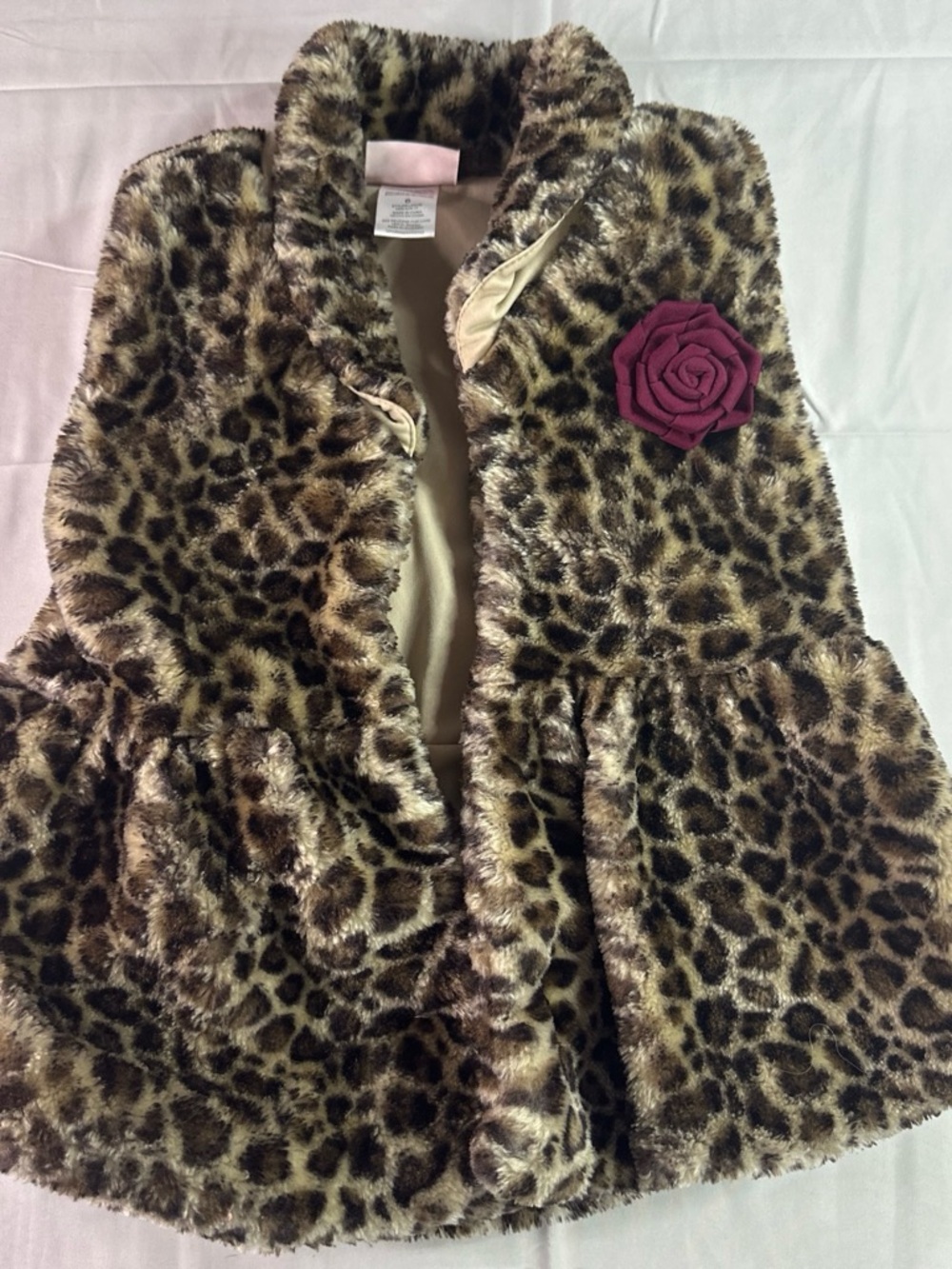 Little Lass Leopard Faux Fur Coat with Rose Accent - Brown and Pink